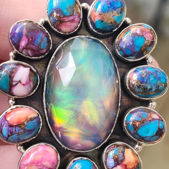 Audra Ring / Sterling Silver GORGEOUS Spiny Oyster Turquoise Opal Daisy Ring - Picture 6 of 13